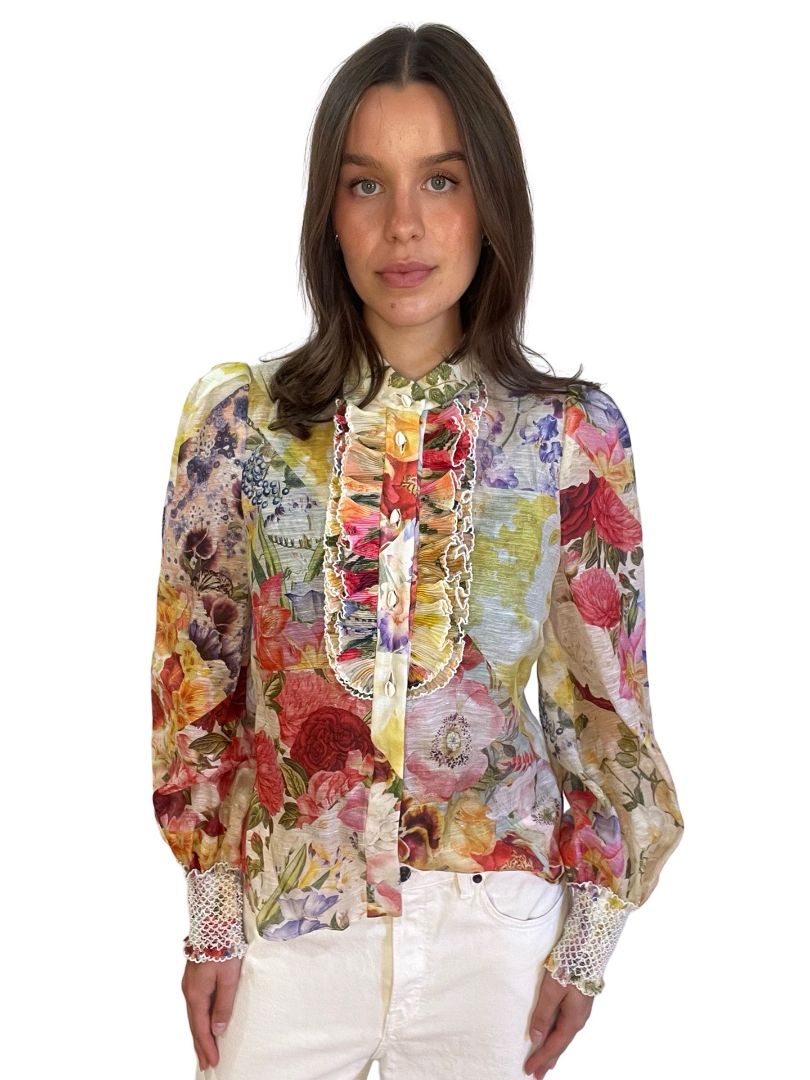 Zimmermann Spiced Multi Foral 'Wonderland Tuxedo Blouse'. Size: 1