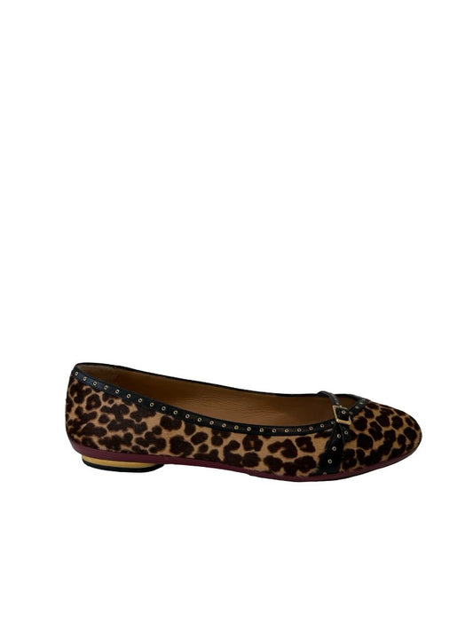 Salvatore Ferragamo Black/Gold Leopard Ponyhair Flats. Size: 8