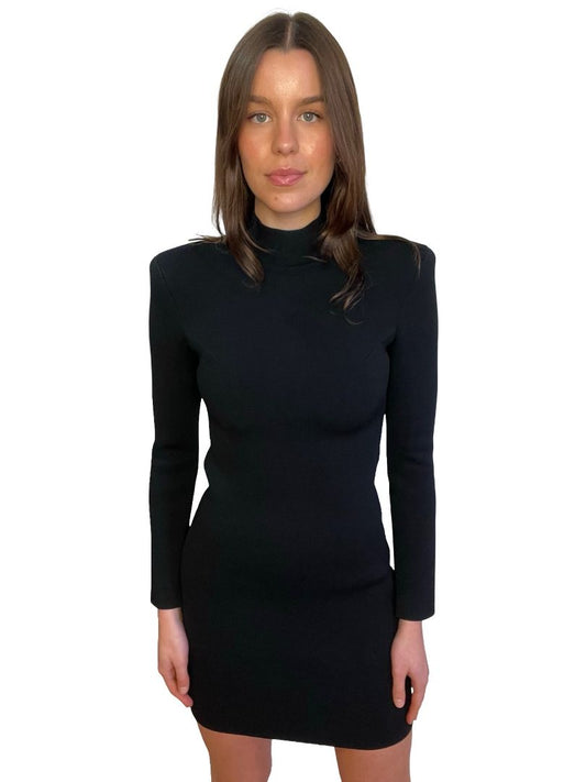 Scanlan Theodore Black Shoulder Pad Crepe Knit Dress. Size: XS