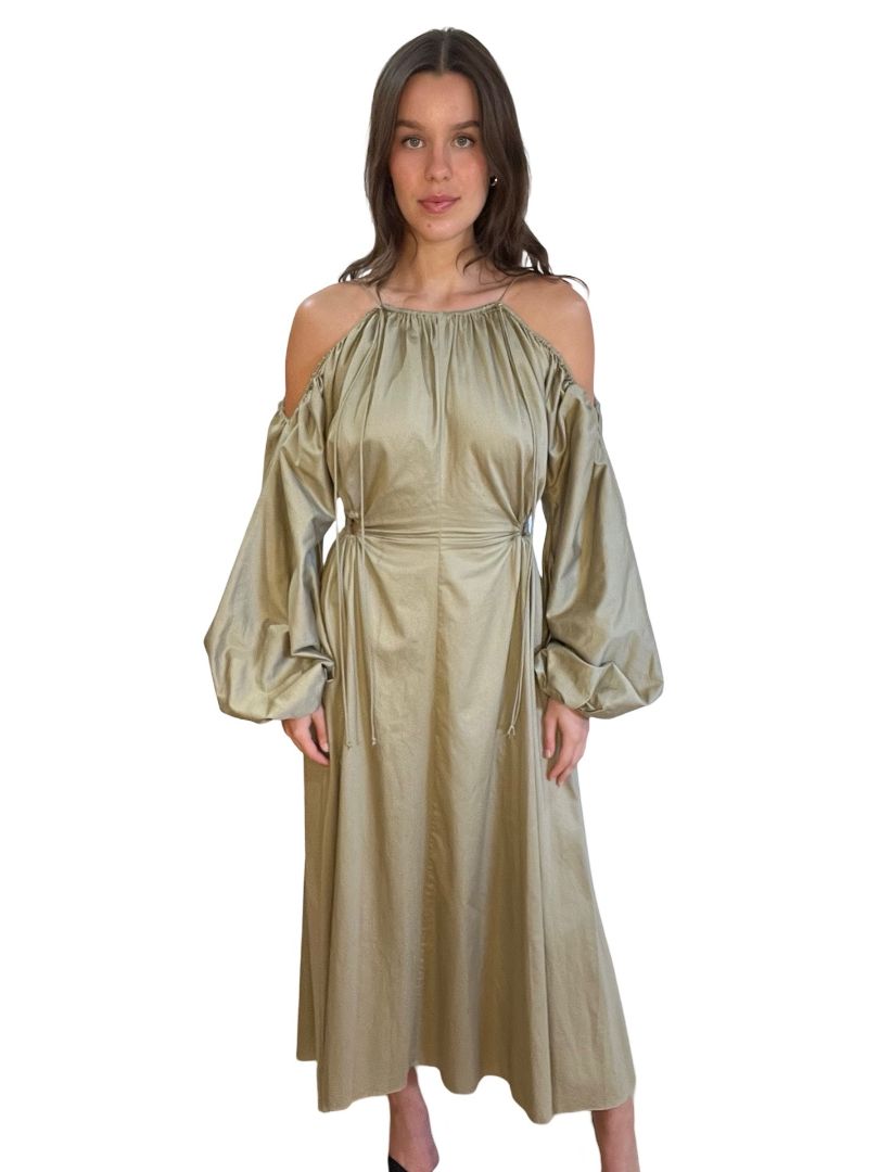 Camilla & Marc Khaki Puff Sleeve Off Shoulders Maxi Dress. Size: 8