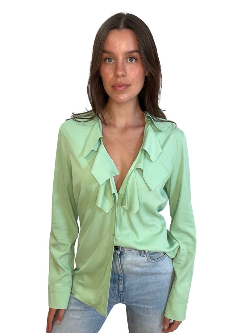 Bottega Veneta Green Ruffle Long Sleeve Blouse. Size: 44