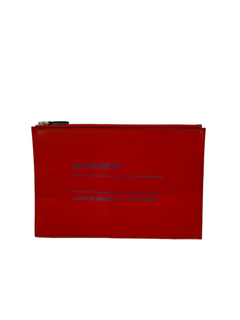 Givenchy Red / Blue 'AVENUE GEORGE V 75008 PARIS' Clutch Bag. Size: 19cm x 19cm