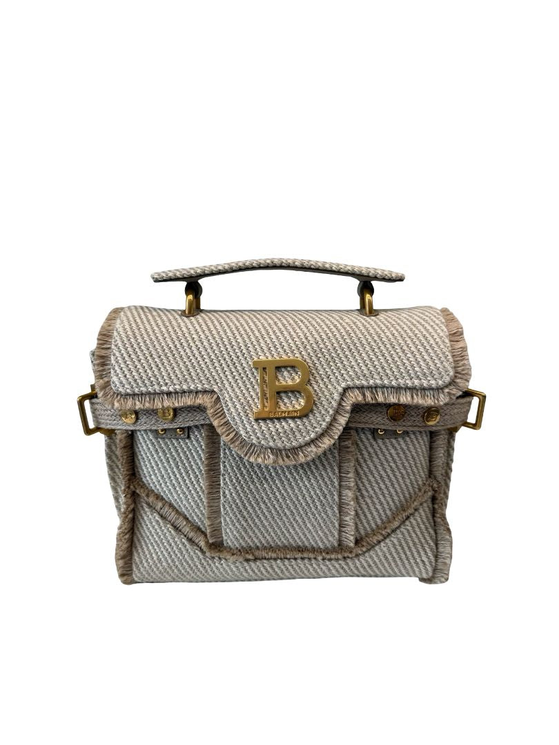 Balmain Beige / Cream B-Buzz 22 Raffia Effect Top Handle Bag.