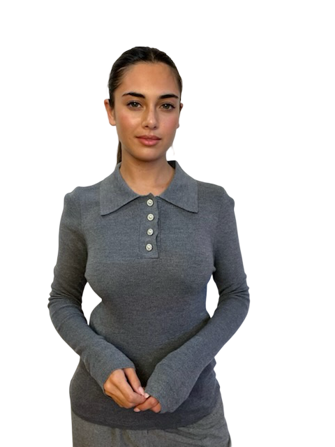 Husk Grey Extrafine Merino Long Sleeve Polo. Size: S