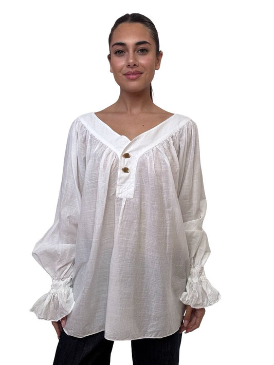 Aje White V Neck Puff Shirt W Gold Buttons. Size: S