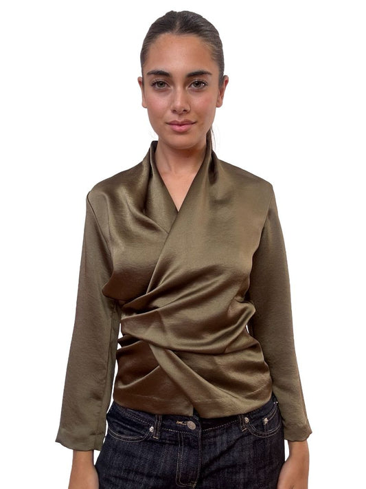 Carla Zampatti Dark Green Satin Wrap Top. Size: 6
