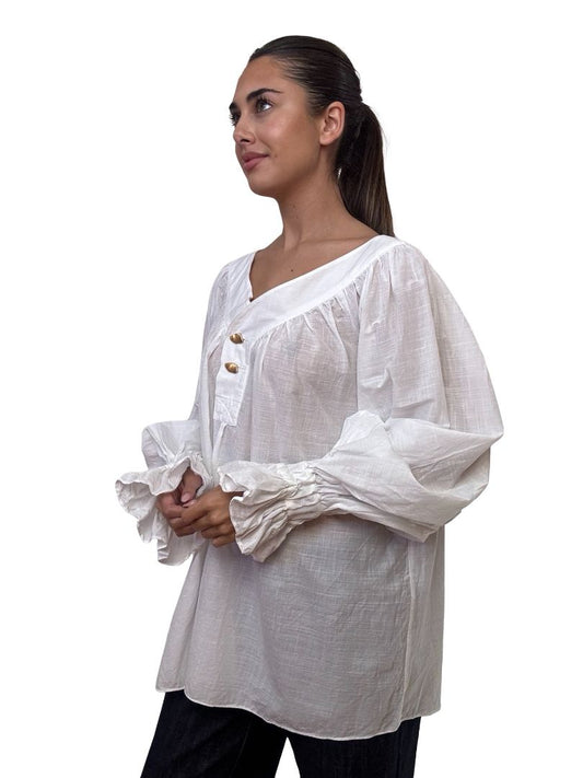 Aje White V Neck Puff Shirt W Gold Buttons. Size: S