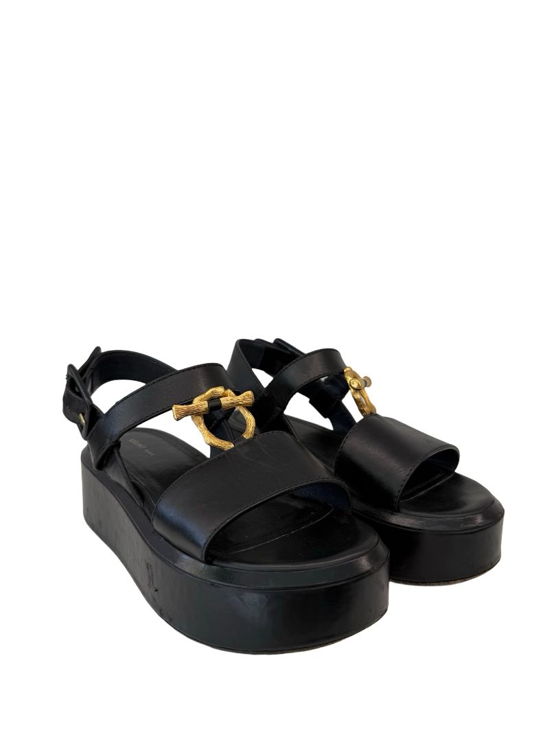Celine Black Platform Sandals W Gold Hardware. Size: 37