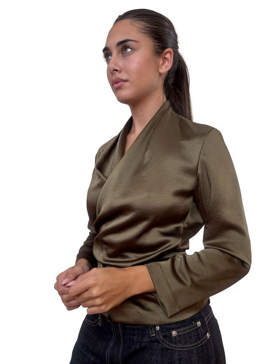 Carla Zampatti Dark Green Satin Wrap Top. Size: 6
