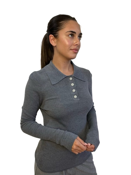 Husk Grey Extrafine Merino Long Sleeve Polo. Size: S