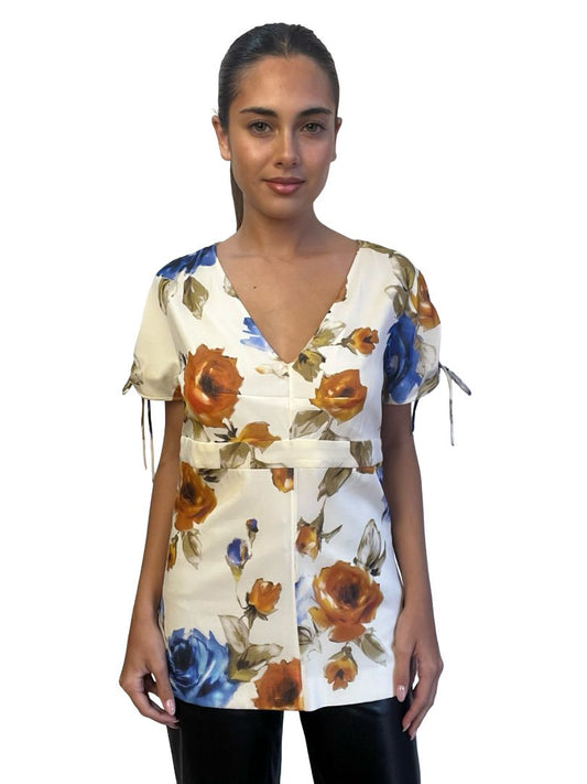 Dolce & Gabbana Off-White / Multi-Colour Floral Print Short Sleeve Blouse. Size: 46