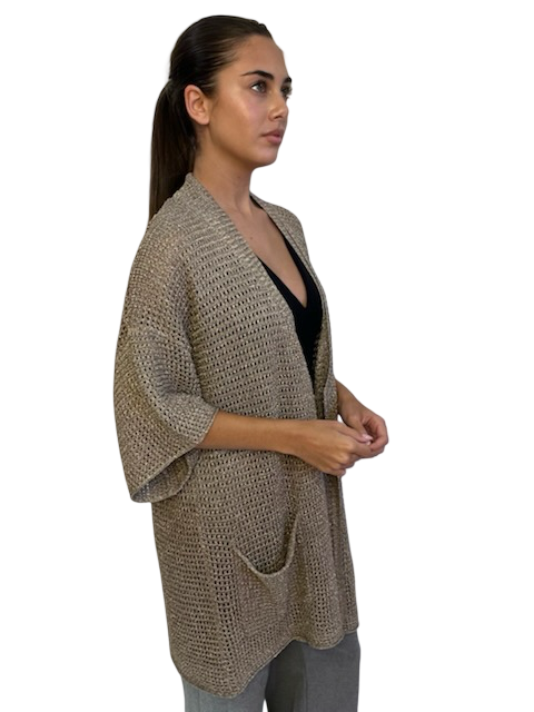 Malene Birger Gold Metallic Knit Short Sleeve Cardigan. Size: O/S