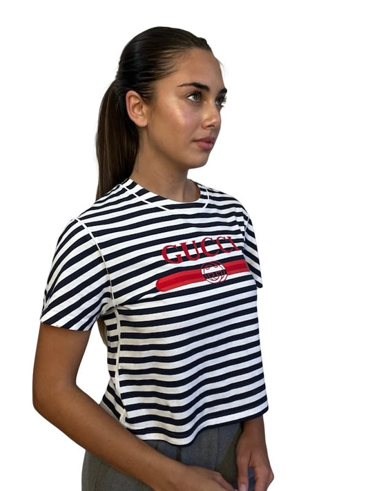 Gucci Navy / White Striped T-Shirt w/ Red Logo. Size: S