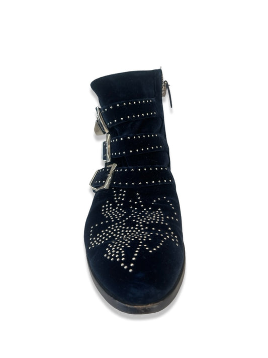 Chloe Navy Velvet Susanna Ankle Boot w/ Buckles. Size: 39.5