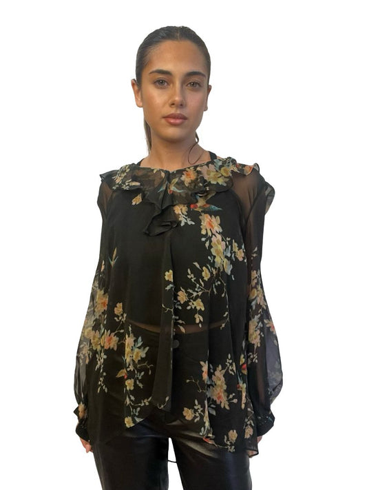 Zimmermann Black Floral Print Sheer Silk Blouse. Size: 1