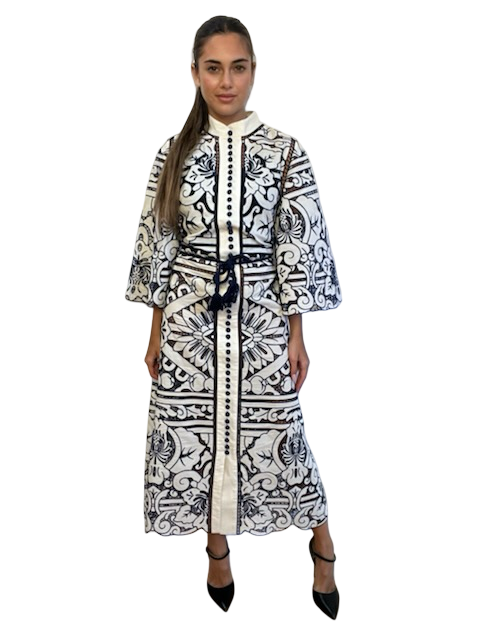 Zimmermann White & Navy Embroidered Button Up Dress. Size: 2
