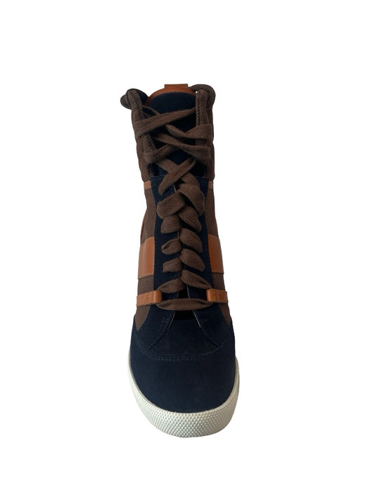 Chloe Navy / Brown/ Tan Suede Wedge Lace Up Sneaker Boots. Size: 39