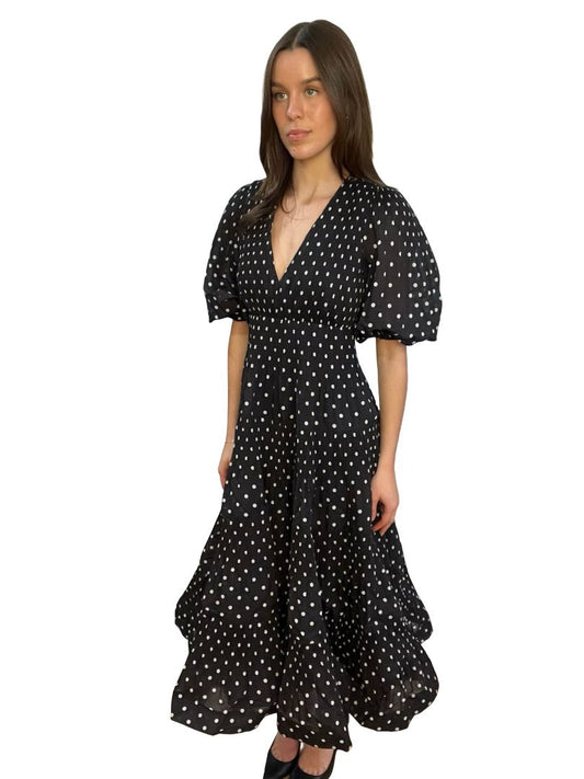 Zimmermann Black Polka Dot Pleated Puff Sleeve Maxi Dress. Size: 0