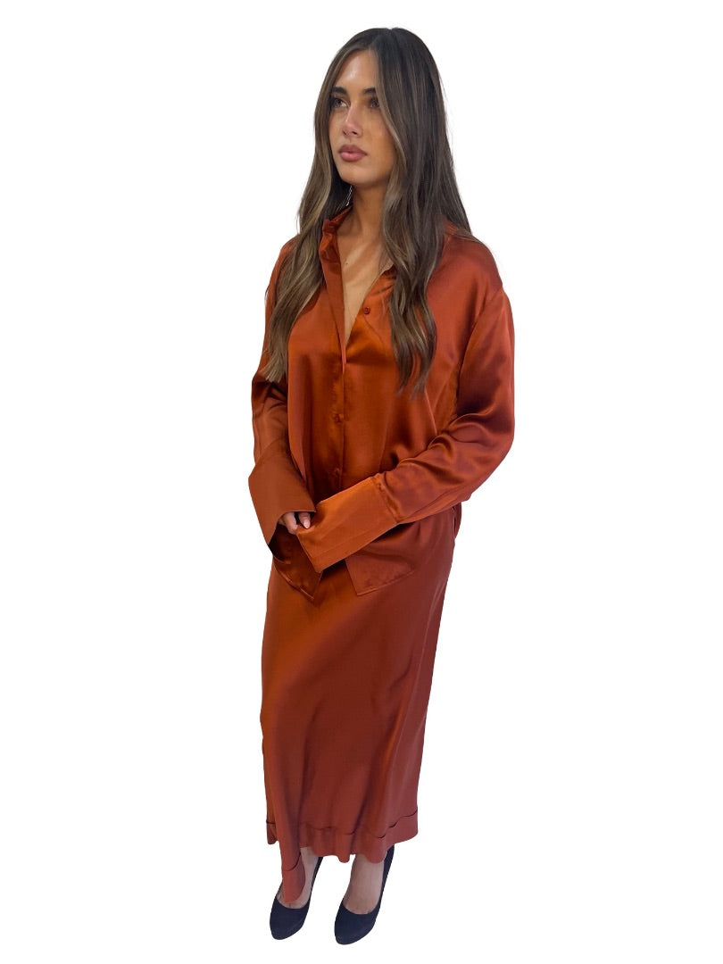 Lee Mathews Orange Silk Satin Shirt & Skirt Set. Size: 2
