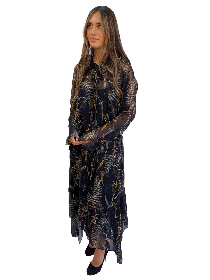 Husk Black/Orange Palm Semi Sheer Silk Dress. Size: 12