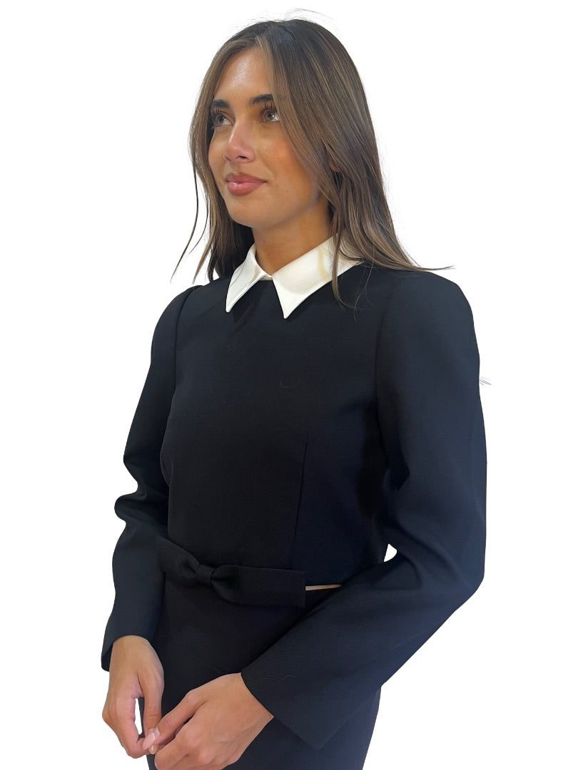 Shushu/Tong Black Collared Crop Top w/ Waist Bow. Size: 8