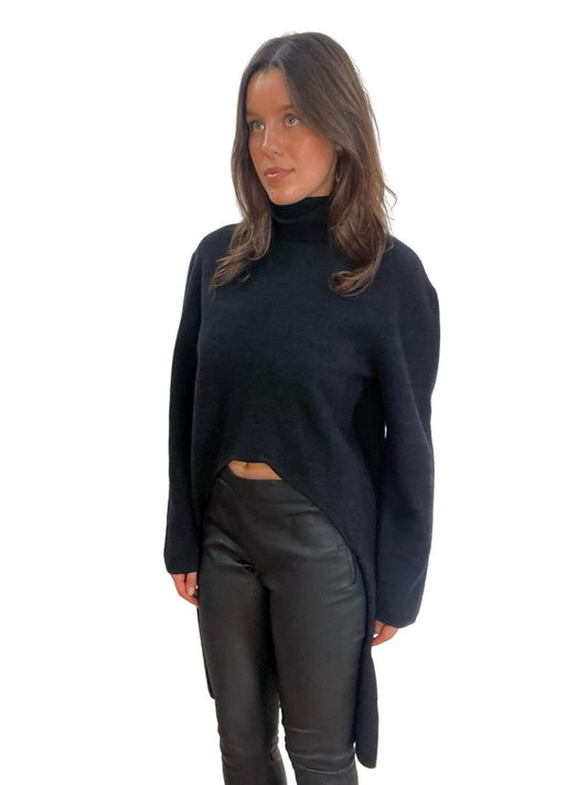 Dion Lee Black Wool Mock Neck Long Dress w Circular Cut-Out. Size: 10