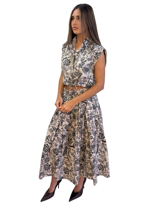 Scanlan Theodore Neutral/Black Floral Shirt/Skirt Set. Size: S