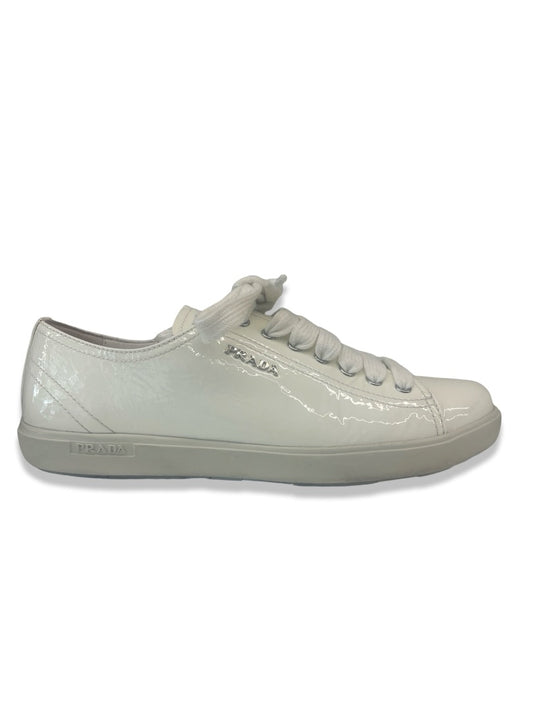 Prada White 'Calzature Donna' Patent Leather Sneaker. Size: 38