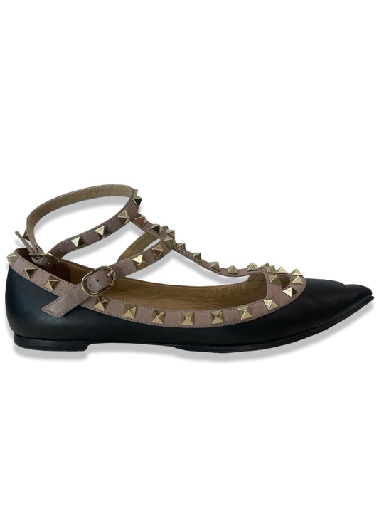 Valentino Garavani Black Ballerina Studded Cage Flats. Size: 37