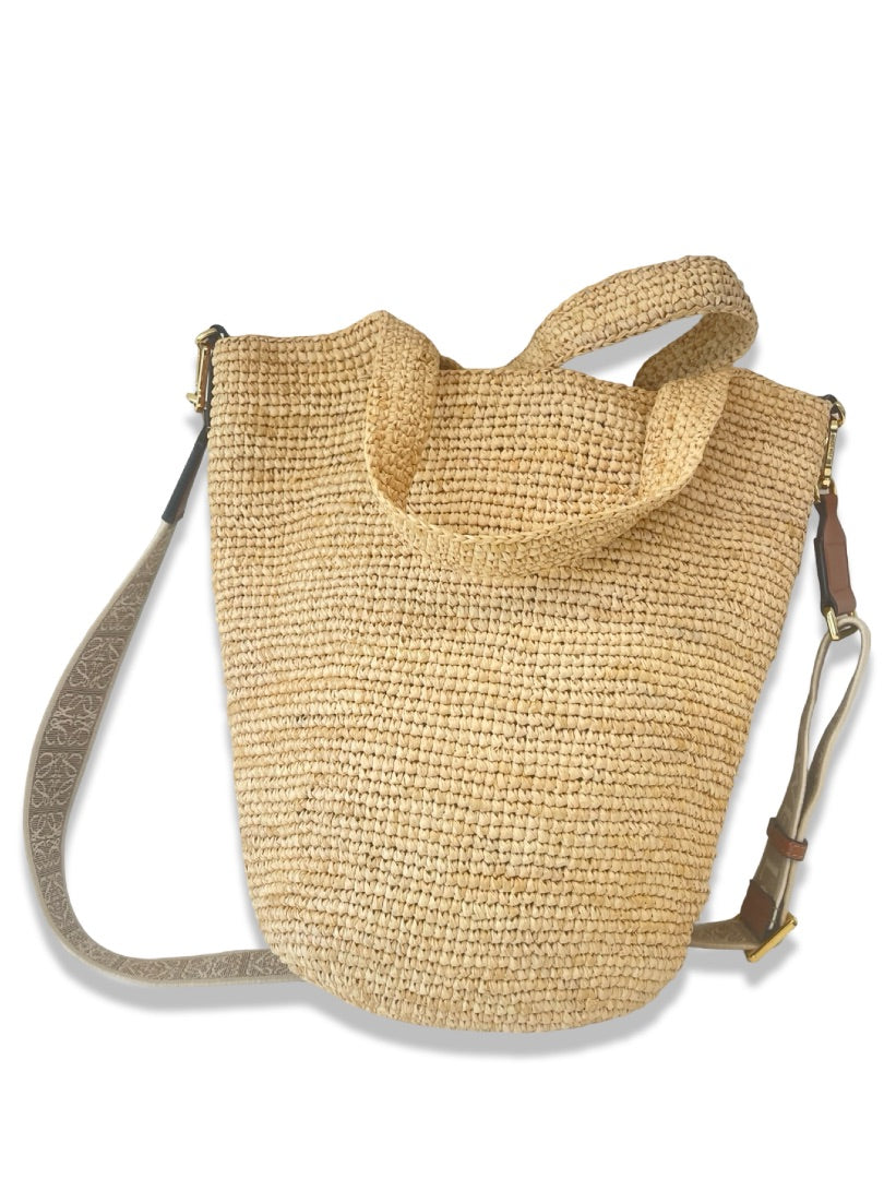 Loewe Neutral Mini Raffia Weave Tote Bag.