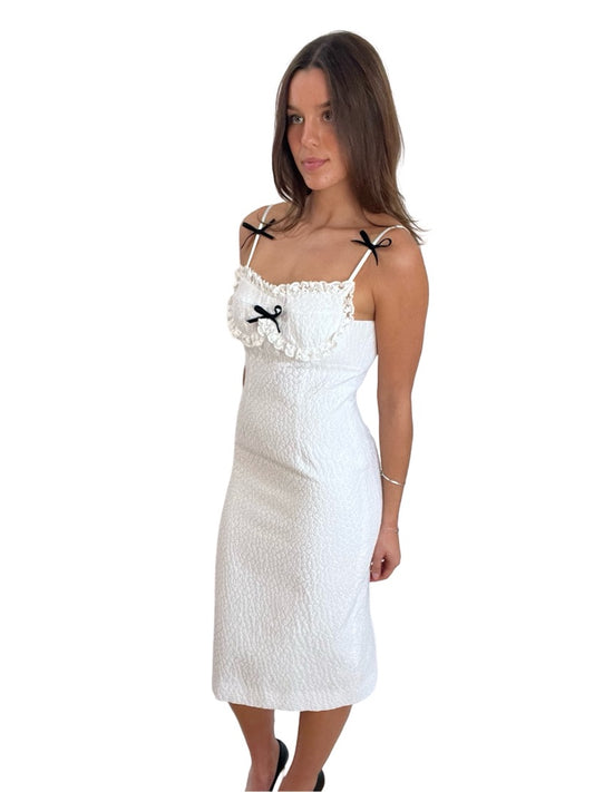 ShuShu Tong White Midi Strapless Dress w Bows and Ruffle Neckline. Size: 10