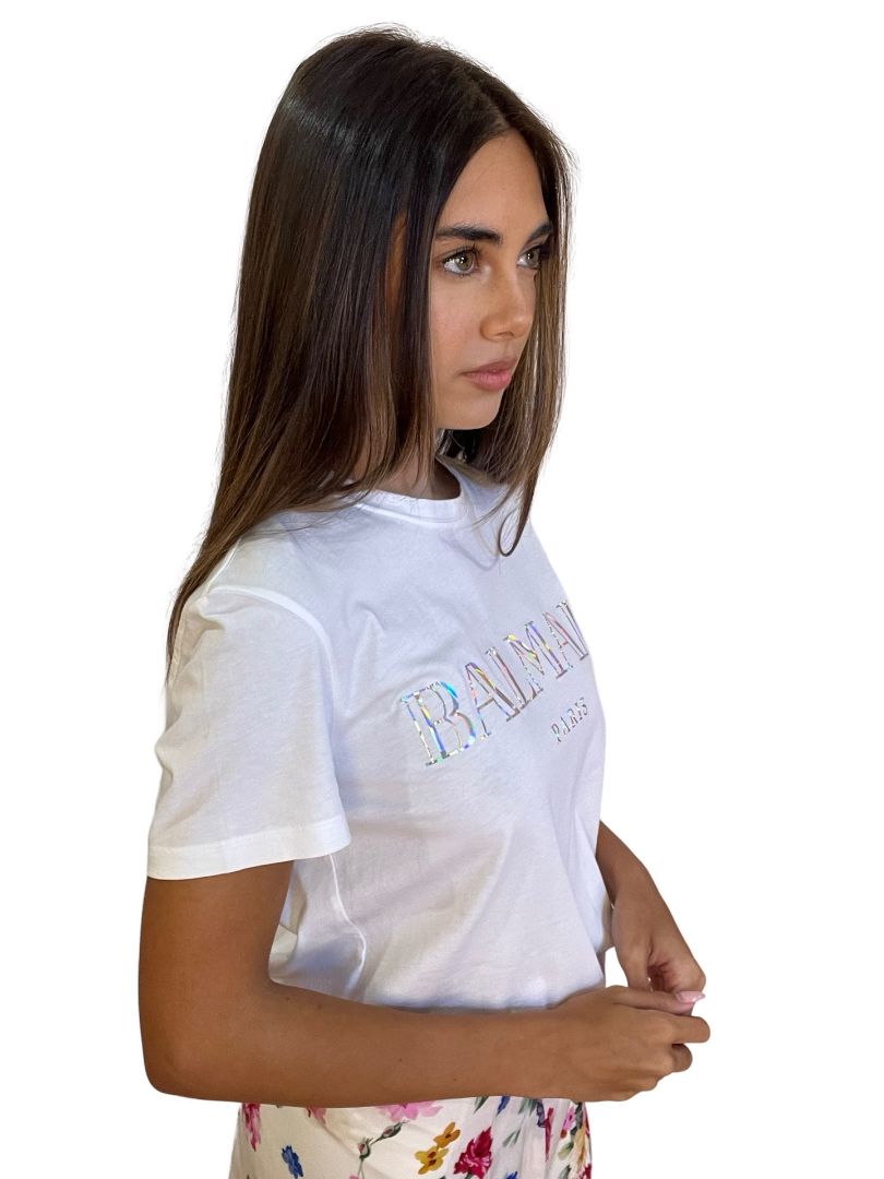 Balmain White Iridescent Logo T Shirt. Size: S
