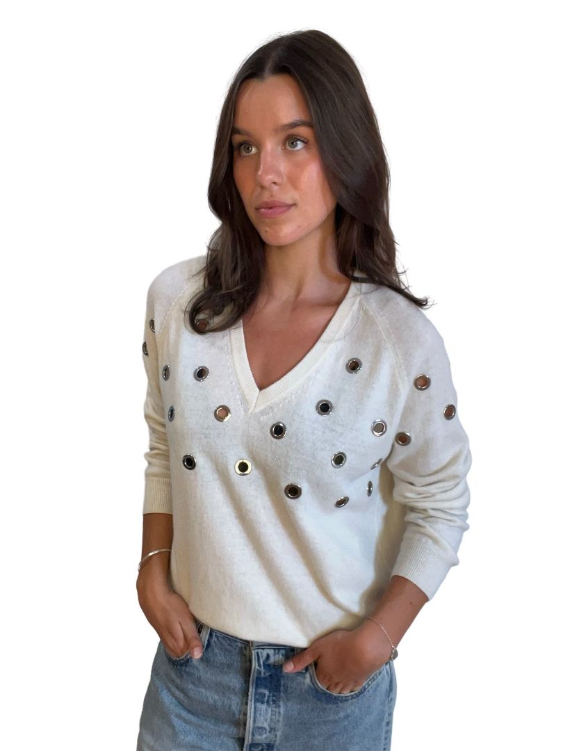 Beatrice Cream Holed V Neck Knit. Size: S
