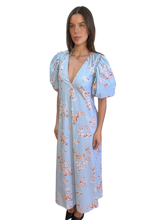 Scanlan Theodore Blue V-Neck Flower Pattern Wrap Dress. Size: 8
