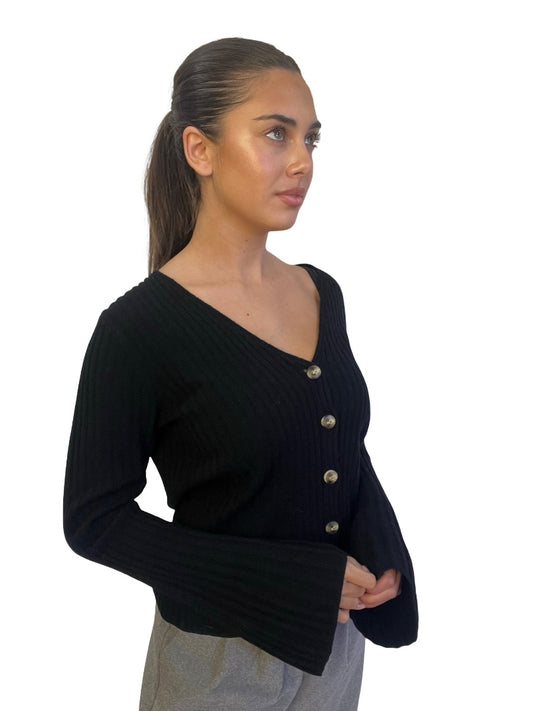By Malene Birger Black Wool Rib Knit Top w/ Flare Sleeves. Size: XS
