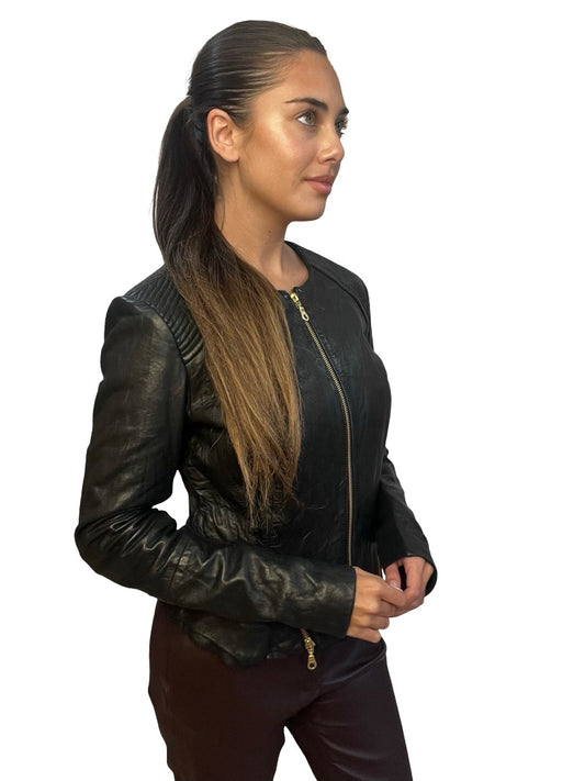 Husk Black Crewneck Leather Jacket. Size: 10