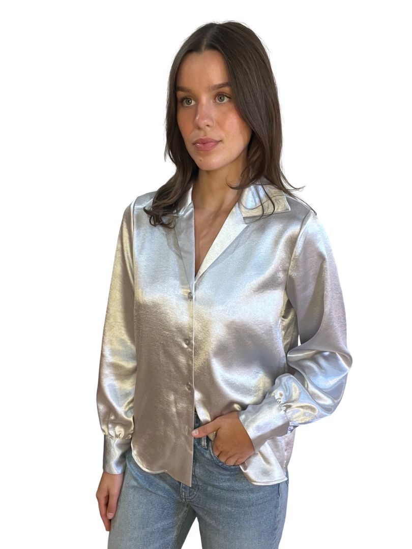 Anine Bing Silver Mylah Satin Shirt. Size: XS