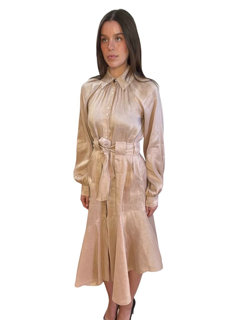 Aje Beige Silk & Linen Blend Flared Button Dress. Size: 8