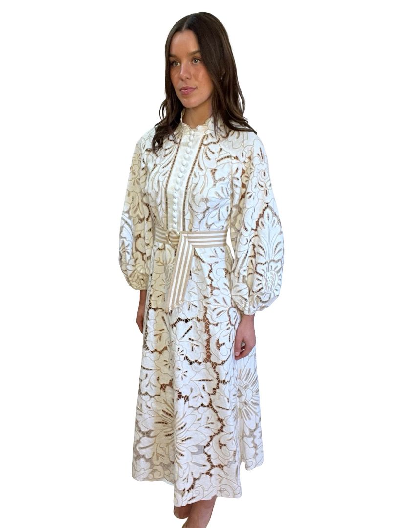 Zimmermann White "Edie Embroidery' Linen Dress W Belt. Size: 1