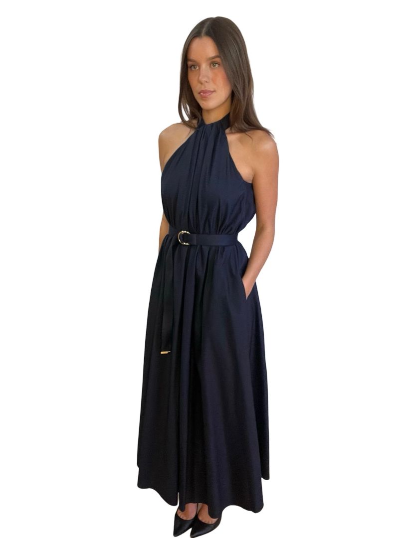 Scanlan Theodore Navy Halter Neck Maxi w Gold Ring Belt. Size: 6