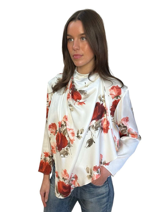Magda Butrym White / Red Floral Print Silk Blouse. Size: 34