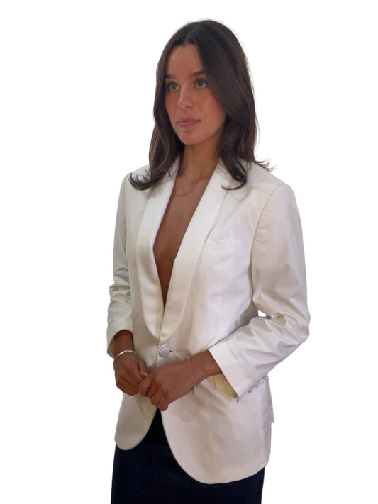 Neil Barrett White Cotton Blend Tuxedo Blazer. Size: 48