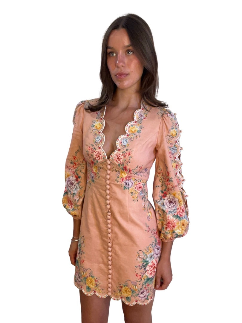 Zimmermann Blush Orange Floral Full Sleeve V-Neck Dress. Size: 1