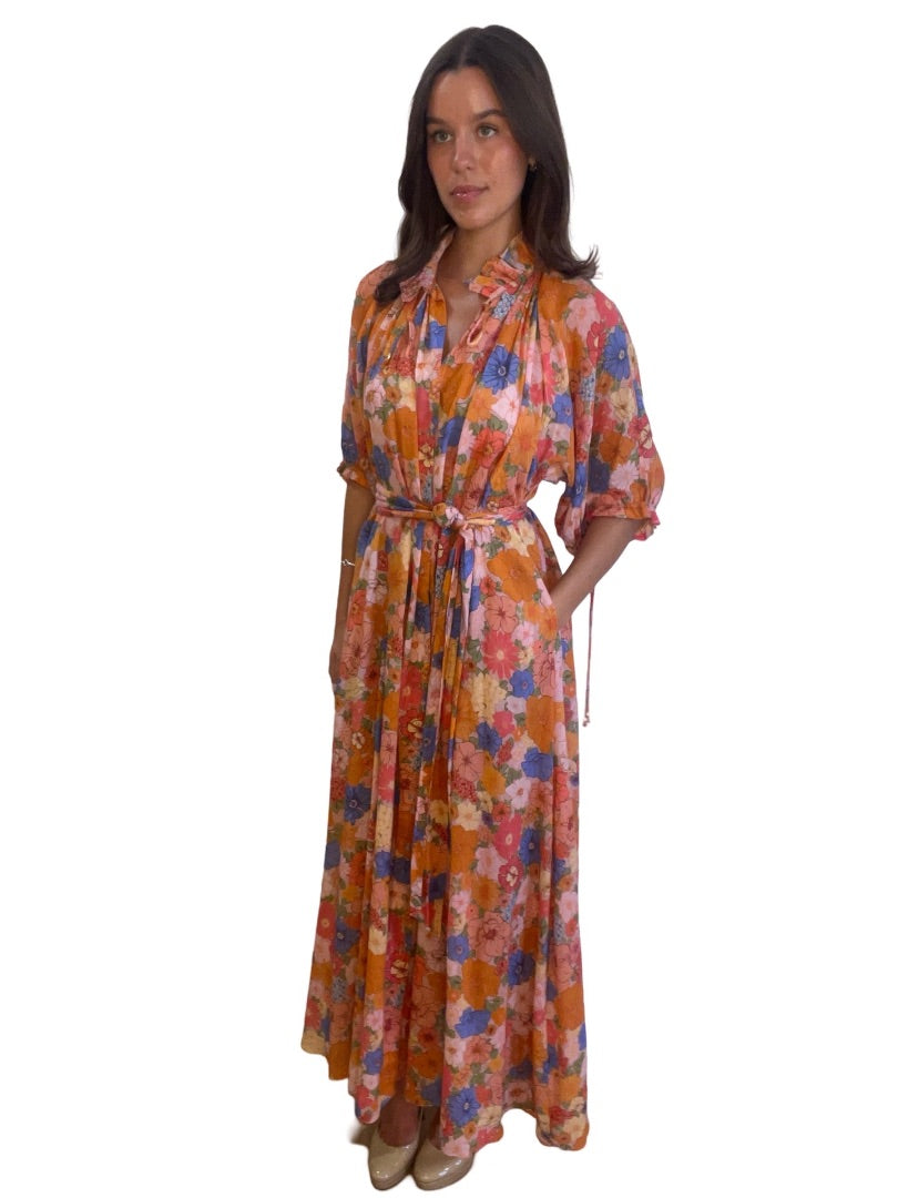 Husk Multi-colour Floral Print Dress w/ Drawstring Sleeves. Size: M