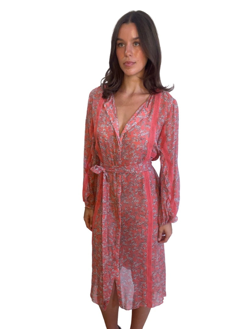 Scanlan Theodore Coral Floral Print Sheer Dress. Size: 12