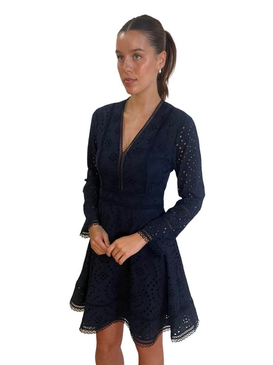 Reiss Navy Long Sleeve Eyelet Dress. Size: 10