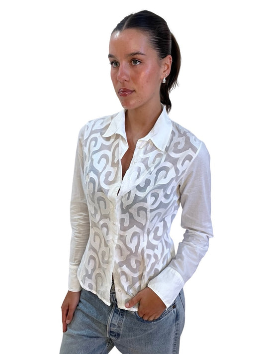 Anne Fontaine White Sheer Printed Shirt. Size: 42