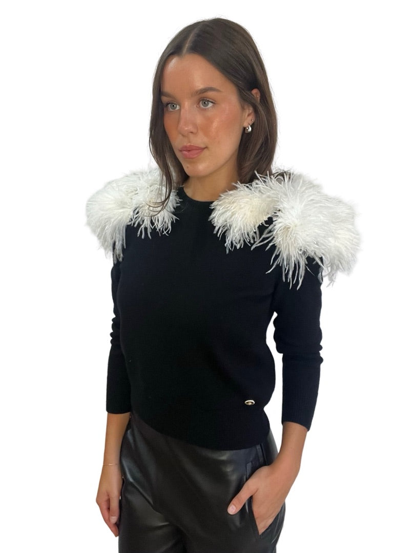 Chanel Black Feather Shoulder Applique Jumper w Button Detail. Size: 38