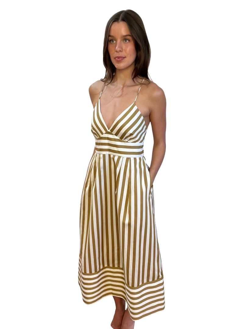 Rebecca Vallance White/Gold 'Lucas Midi Stripe Dress'. Size: 10