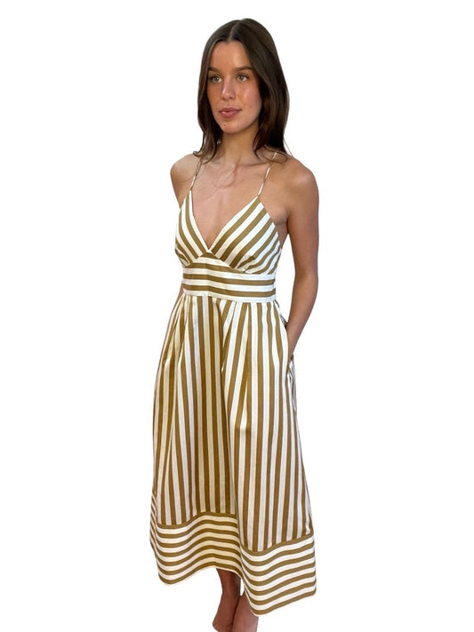 Rebecca Vallance White/Gold 'Lucas Midi Stripe Dress'. Size: 10